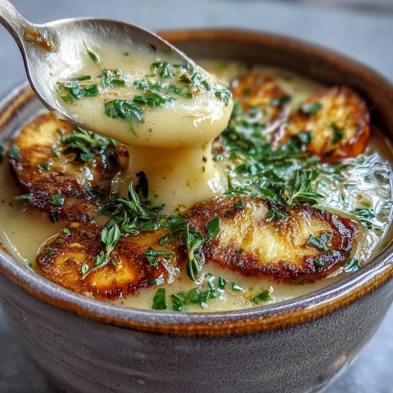 Roasted Garlic and Herb Soup in a white ceramic bowl, garnished with fresh parsley and a drizzle of olive oil.