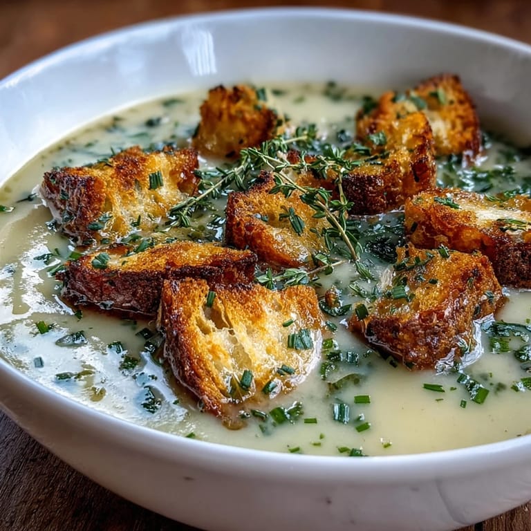 A warm bowl of Garlic and Herb Soup with thyme and chives, steam rising gently.  
