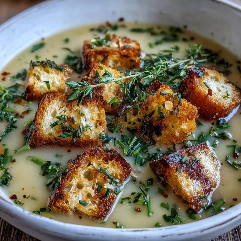 Garlic and Herb Soup in a white ceramic bowl, topped with grated Parmesan and croutons.