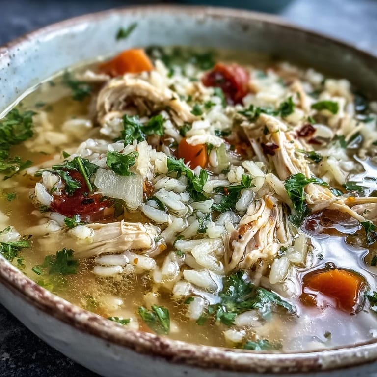 A close-up of Cozy Winter Chicken and Rice Soup reveals fluffy rice and herbs, served steaming hot in a rustic ceramic bowl.
