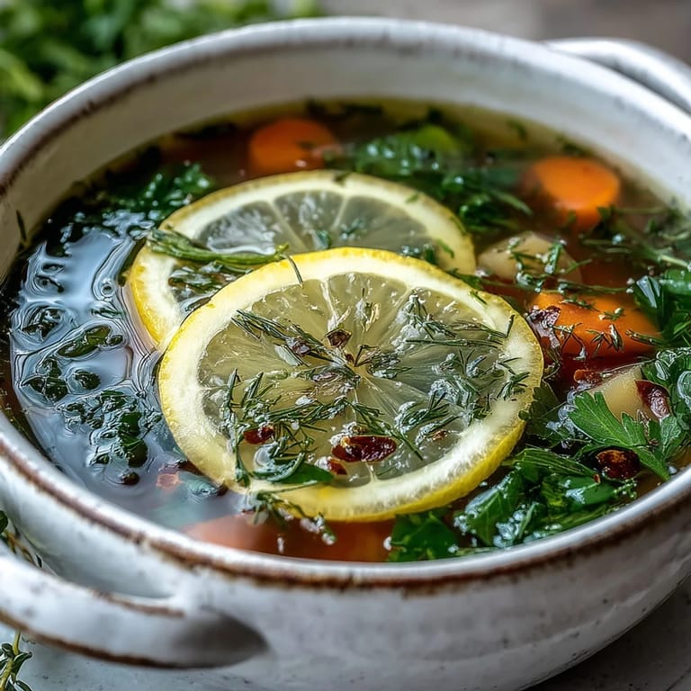 A close-up of vibrant Lemon Herb Soup in a white bowl, highlighting fresh herbs, diced carrots, and a spoon ready to serve.