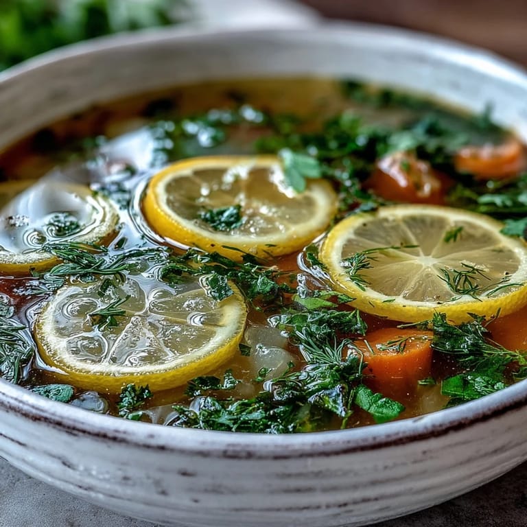 A rustic ceramic bowl filled with hot Lemon Herb Soup, garnished with fresh chives and lemon zest, perfect for a light lunch.