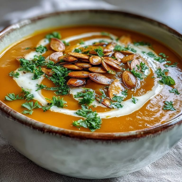 Smooth, spiced pumpkin soup topped with crunchy seeds and a drizzle of cream, ideal for chilly fall evenings.