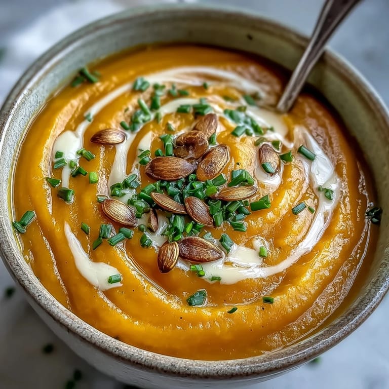 Velvety homemade acorn squash soup blended smooth, garnished with pumpkin seeds and chives.