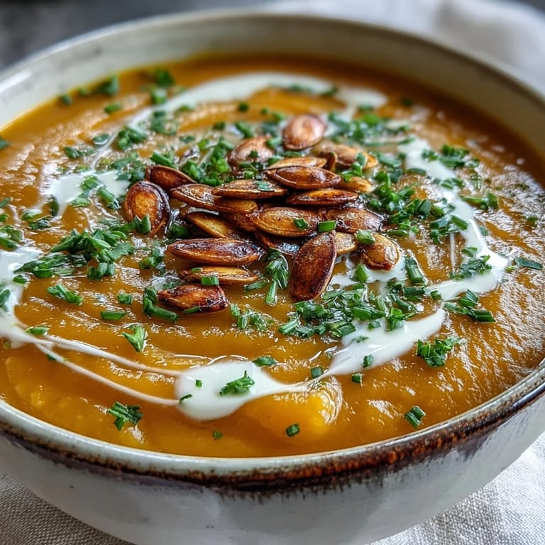 Creamy acorn squash soup in a white bowl, drizzled with cream and paired with crusty bread.