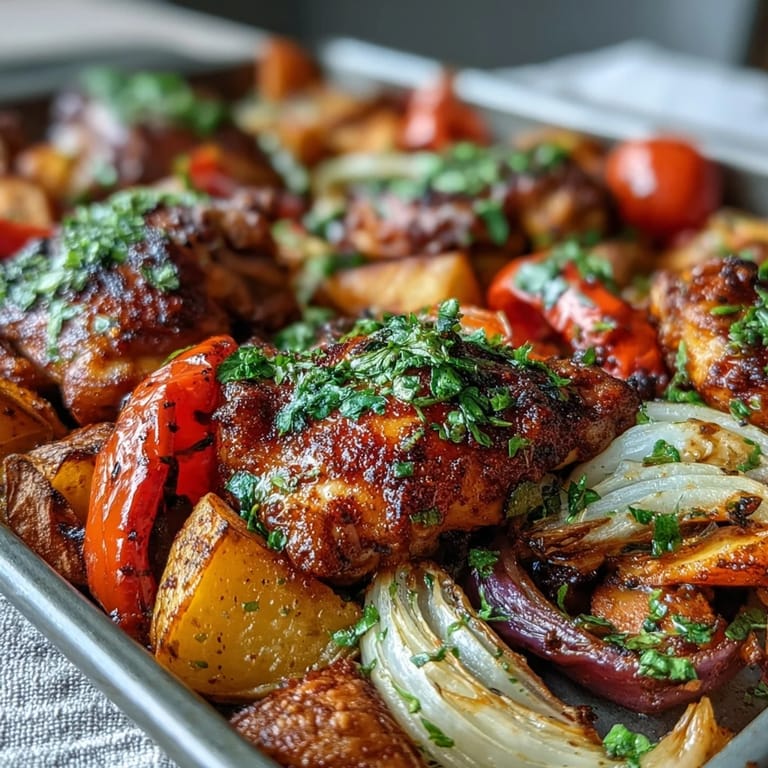 This Chicken and Sweet Potato Traybake showcases juicy chicken thighs, caramelized vegetables, and fresh herbs on a single pan.
