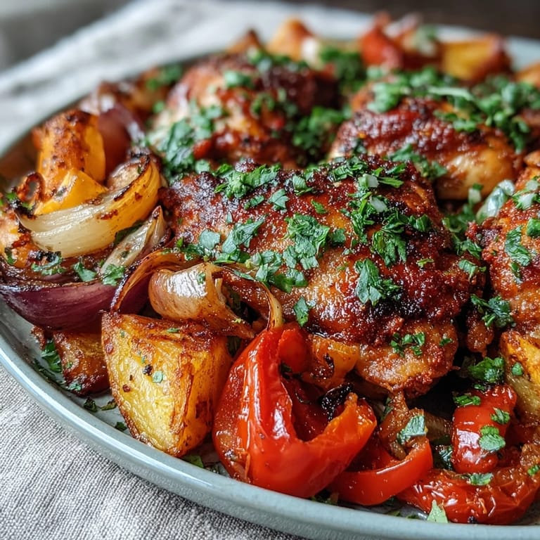 Crispy-skinned piri-piri chicken nestled beside tender sweet potatoes and roasted peppers in a vibrant, one-pan dinner.