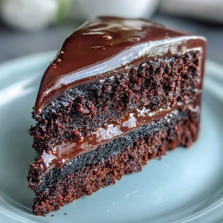 Easy Chocolate Fudge Cake with two layers and velvety chocolate icing, placed on a rustic wooden serving board.