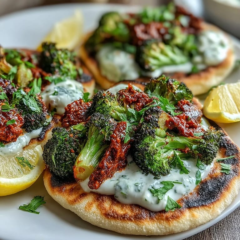 Crispy harissa-spiced broccoli piled onto warm flatbreads with fresh lemon wedges.