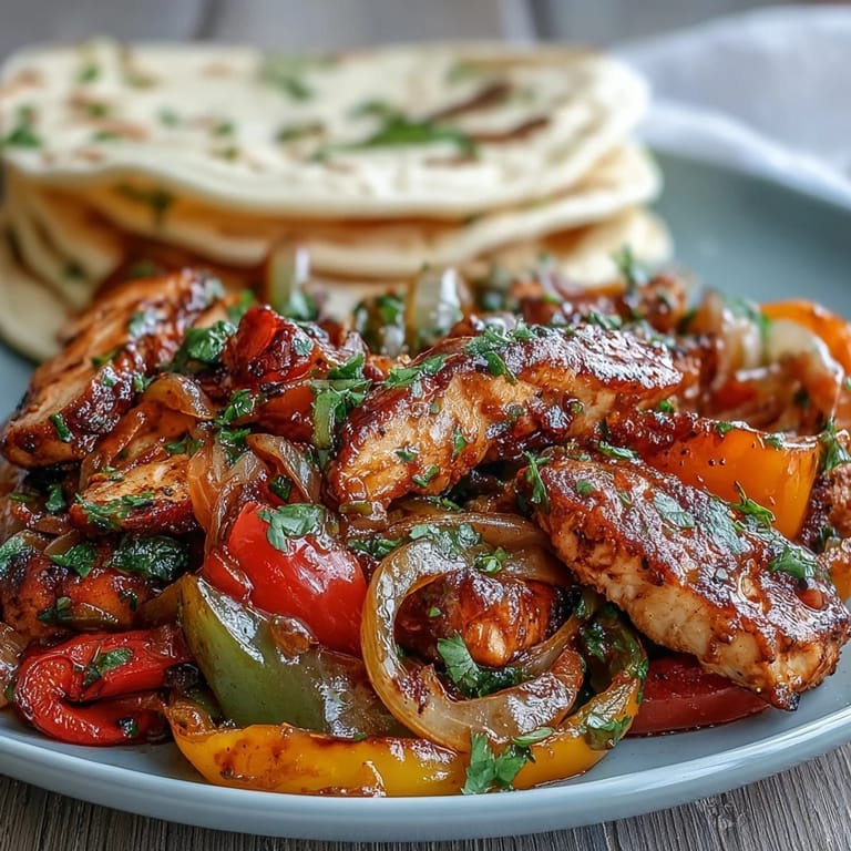 Colorful platter of Easy Chicken Fajitas featuring seasoned chicken strips, charred veggies, sour cream, and salsa ready for assembly.