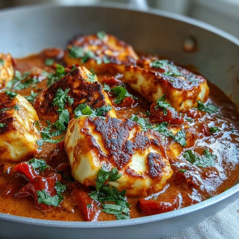 Close-up of Creamy Halloumi and Tomato Curry showing golden cheese, diced red bell pepper, and a velvety spiced tomato coconut sauce.