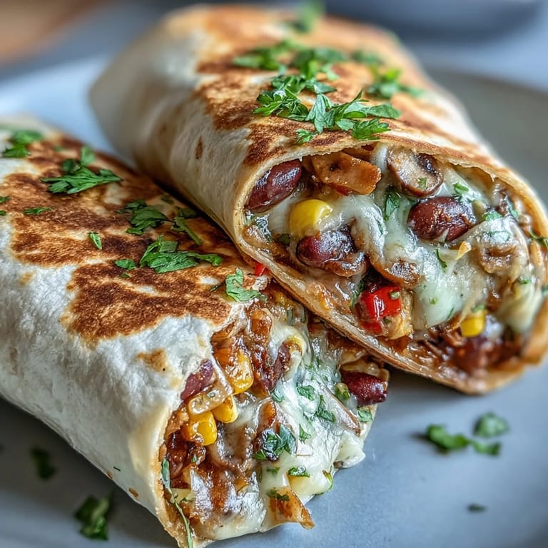 Close-up of a hearty Veggie Burrito with sautéed mushrooms, beans, and corn, topped with creamy avocado slices and a dollop of sour cream.
