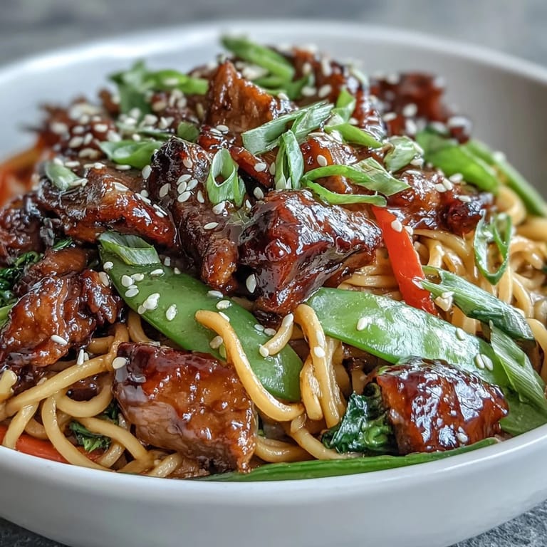 Steamy bowl of Pork Noodle Stir-Fry garnished with sesame seeds and scallions, served alongside chopsticks.