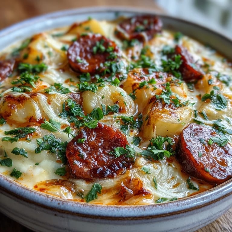 A close-up of creamy Potato, Leek and Chorizo Soup in a white bowl, showcasing tender potato chunks, soft leeks, and vibrant red chorizo slices.