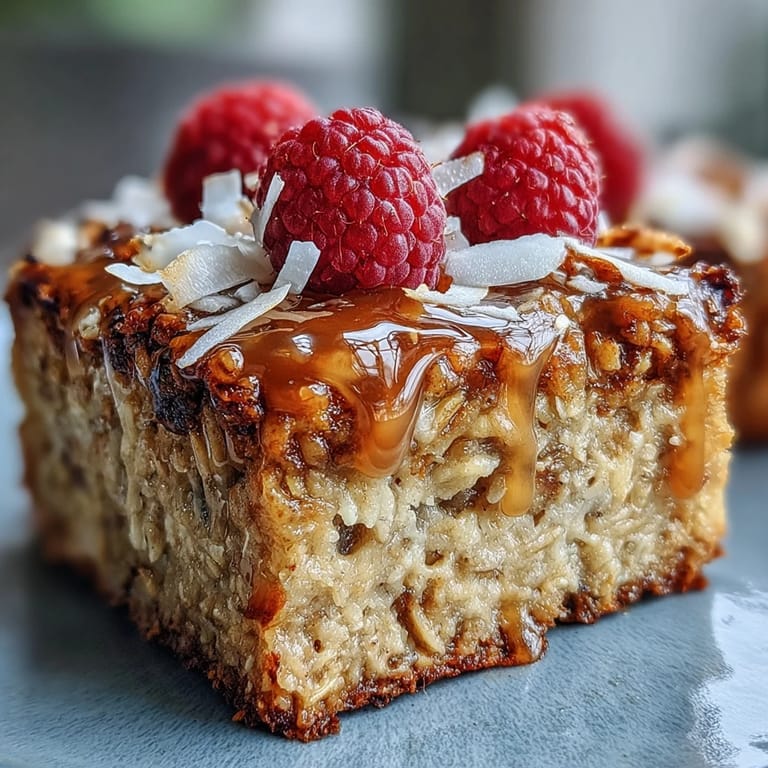Baked Oatmeal with Raspberry and Coconut served warm with maple syrup drizzle.