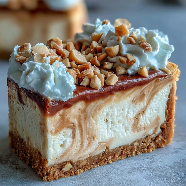 A thick slice of Nutter Butter cheesecake topped with fluffy whipped cream and chopped peanuts on a dessert plate. 