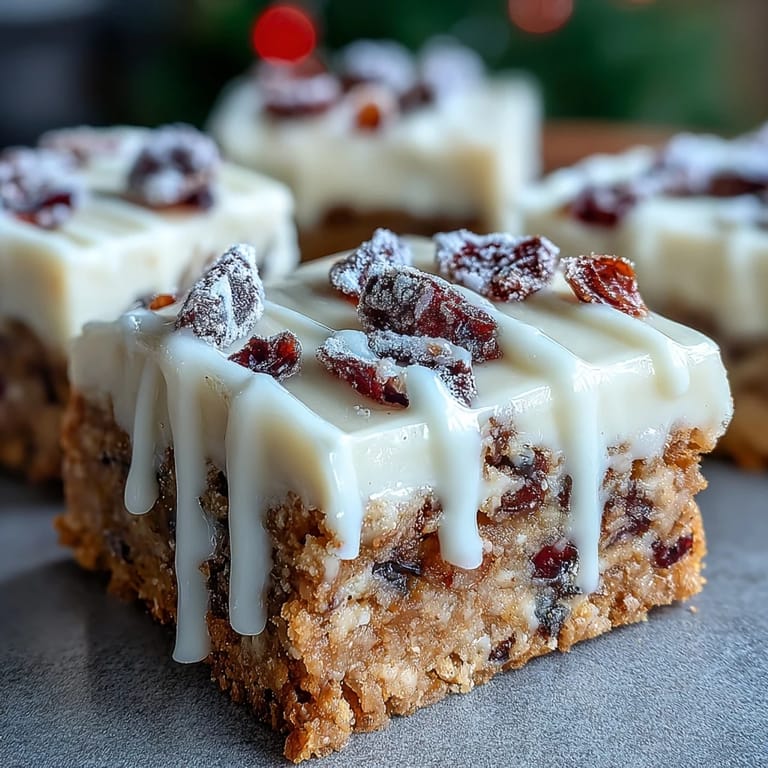 Overhead view of frosted Cranberry Bliss Bars with zesty orange icing, served on a white plate next to a glass of milk.