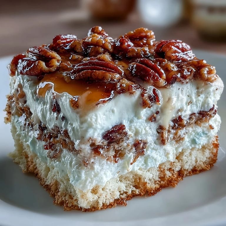 Sliced wedge of Butter Pecan Tres Leches Cake revealing moist layers, served chilled on a white dessert plate.