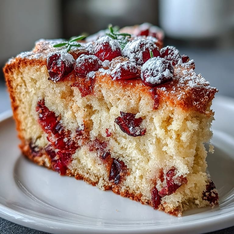 Slice of Cranberry Orange Breakfast Cake on a white plate, showing moist interior and a light dusting of powdered sugar for breakfast.