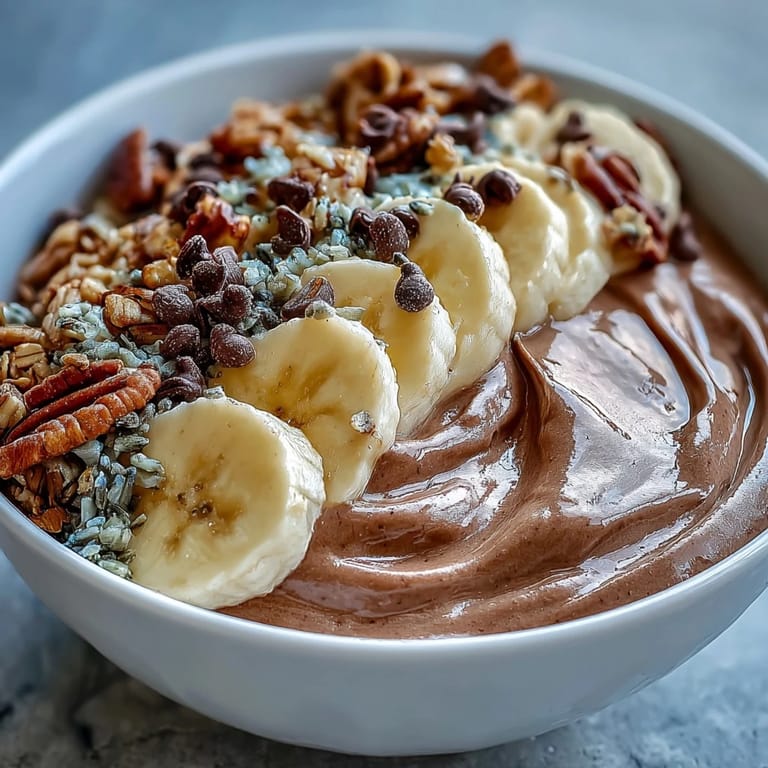 Chunky Monkey smoothie bowl ready to eat, garnished with fresh banana slices and a sprinkle of hemp seeds for breakfast.