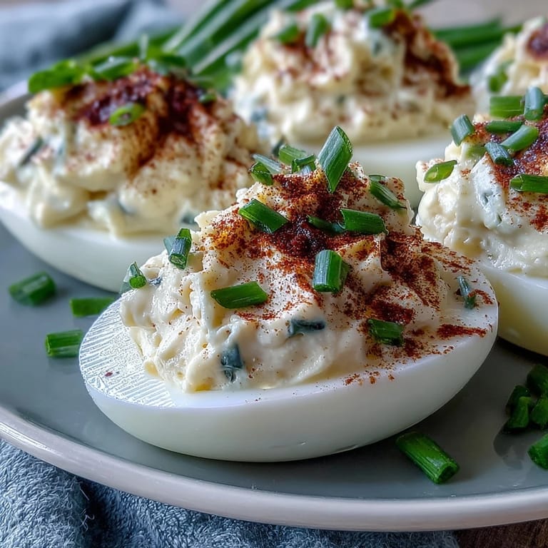 Two halved Million Dollar Deviled Eggs with creamy filling on a marble board, ready to serve.