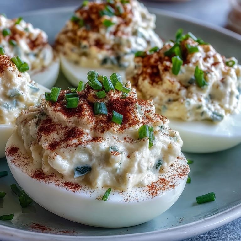 Chilled Million Dollar Deviled Eggs plated with extra chives, perfect for a fresh lunch or party.