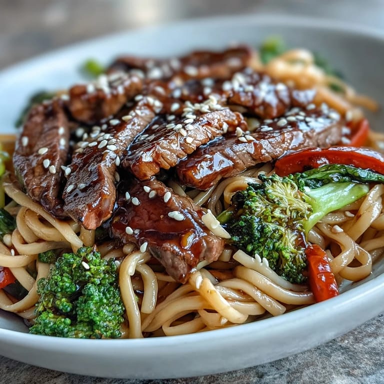 Served Korean Beef Noodles in a warm bowl with green onions and sesame seeds, ready to enjoy.