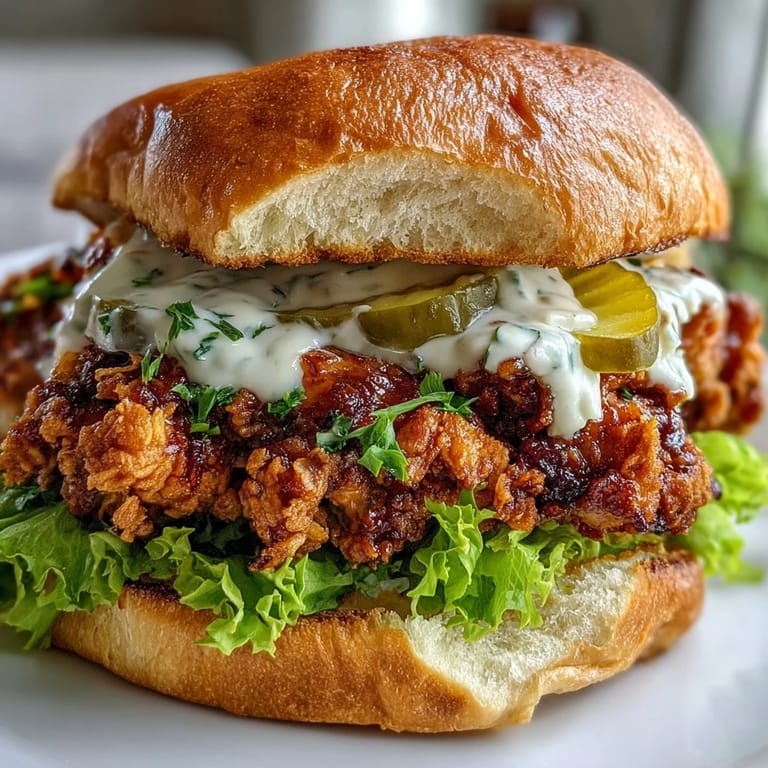 Spicy Chicken Sandwich on a plate with golden crust, served alongside fresh toppings and a side of creamy homemade sauce.