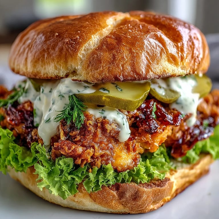 Inside a soft brioche bun, spicy fried chicken pairs with vibrant lettuce, pickles, and a generous swirl of cooling homemade sauce.