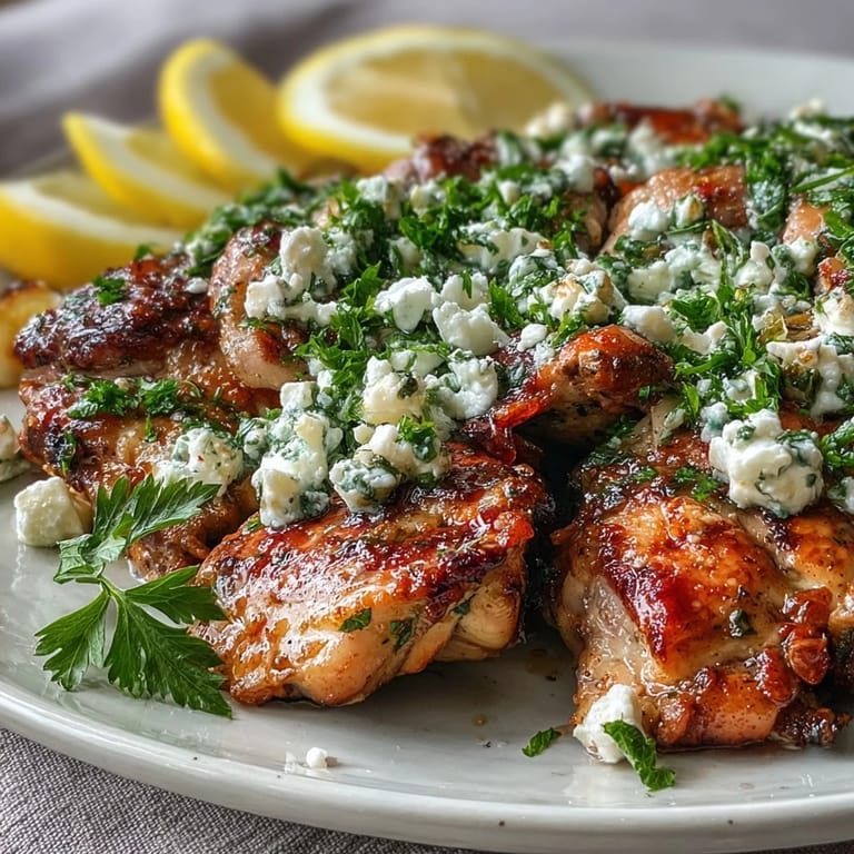 Freshly cooked Greek Chicken with Lemon and Feta topped with crumbled feta and served alongside a crisp Greek salad.