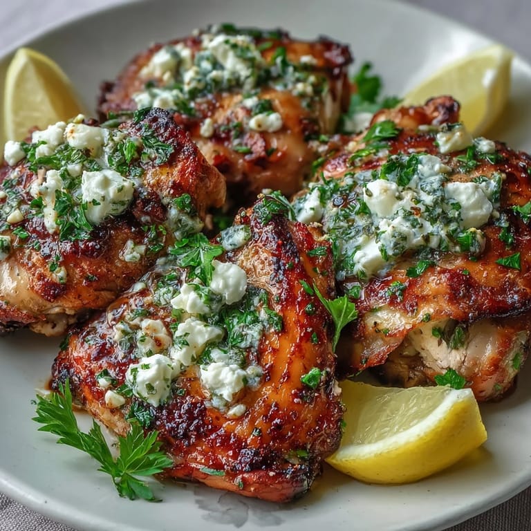 Juicy Greek Chicken with Lemon and Feta ready to serve, drizzled with olive oil and bright lemon wedges.