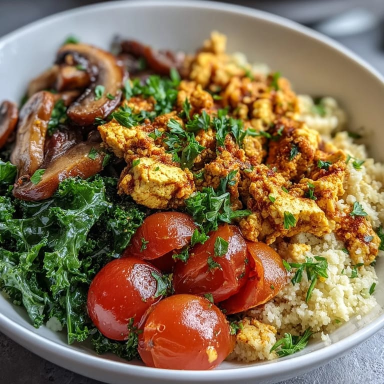 A protein-packed Scrambled Tofu Breakfast Bowl with avocado slices and lemon wedges, ready to enjoy.