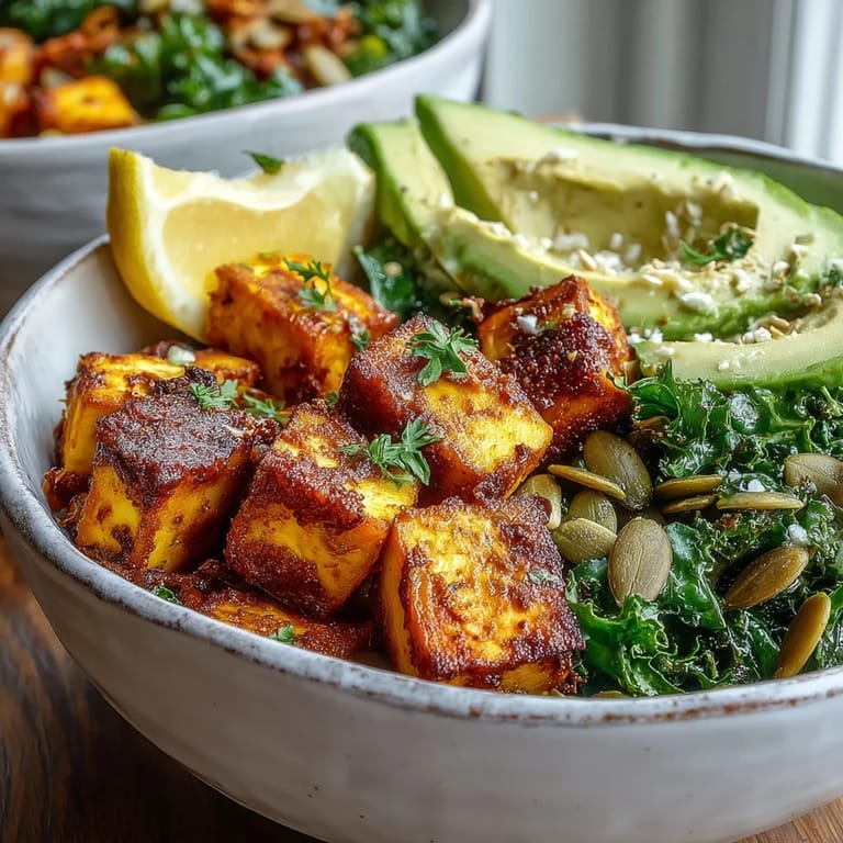 A nourishing Tofu Breakfast Bowl with sautéed kale, golden tofu cubes, and sliced avocado, garnished with pumpkin seeds.