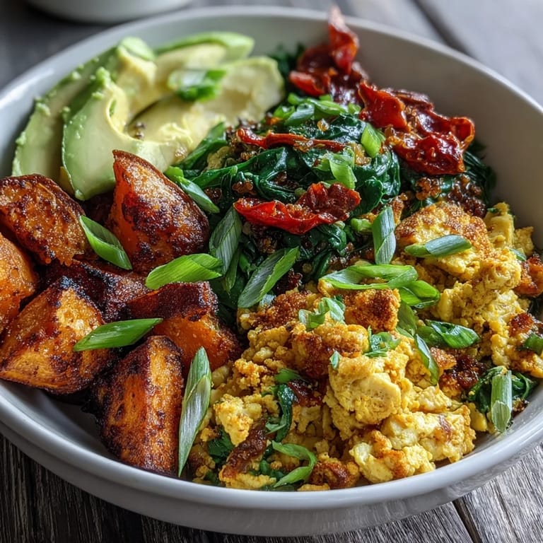 Hearty Tofu Scramble Vegan Breakfast Bowl topped with sautéed spinach, green onions, and a side of spicy hot sauce for dipping.