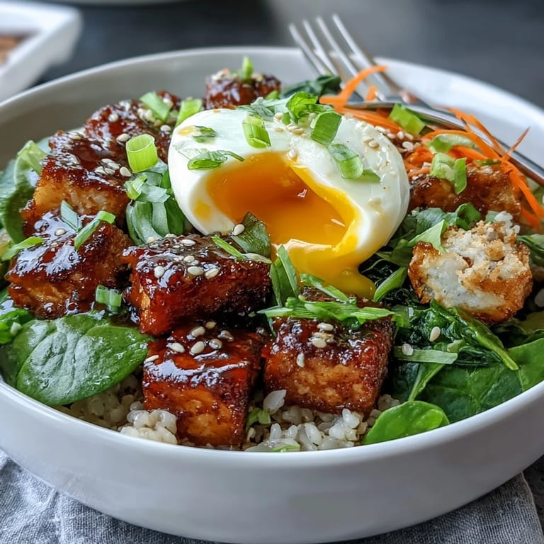 Top-down photo of the Asian-inspired Tofu Jammy Egg Breakfast Bowl showing a rich sauce, toasted sesame seeds, and vibrant greens.