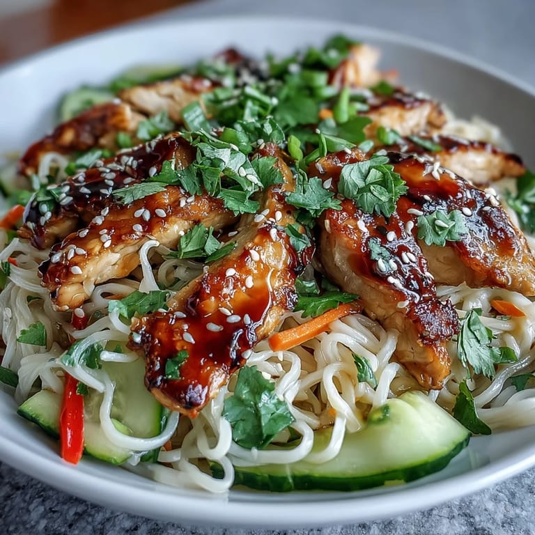 Savory sauce drizzles over loaded bowls of Asian Chicken Noodle Bowl, featuring crisp cucumber and bell pepper slices beside steaming rice noodles.