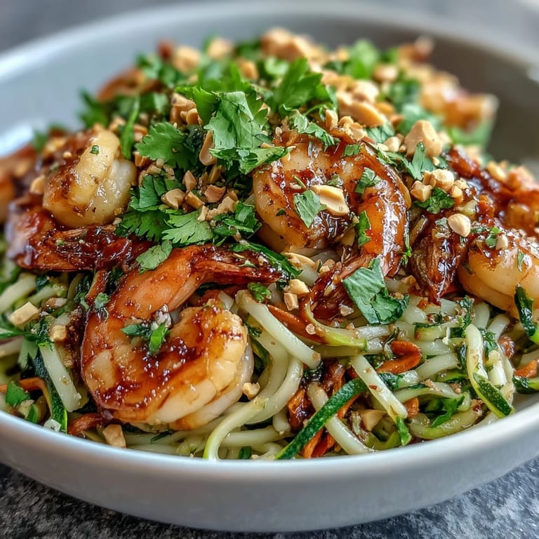 Vibrant rice noodles tossed with sautéed shrimp, zucchini, and carrots in an Asian-inspired sauce, garnished with roasted peanuts and lime wedges.
