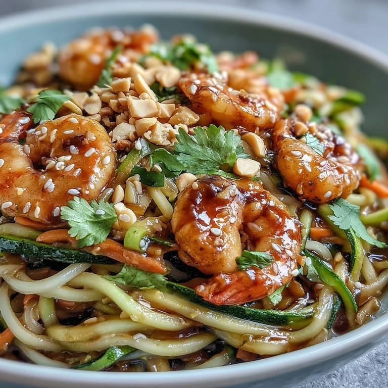 Fresh Asian Noodle Bowl featuring juicy shrimp, crunchy vegetables, and fragrant cilantro, served with a zesty lime dressing and chopped peanuts.