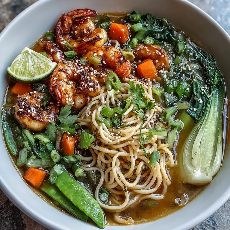 Asian-inspired seafood noodle bowl featuring succulent shrimp and scallops, fresh vegetables, and silky noodles in flavorful broth.