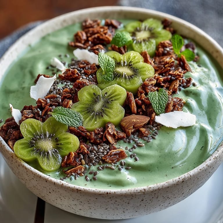 Creamy protein-packed green smoothie bowl featuring fresh mint and edible gold stars, perfect for a healthy and festive St. Patrick's Day treat.