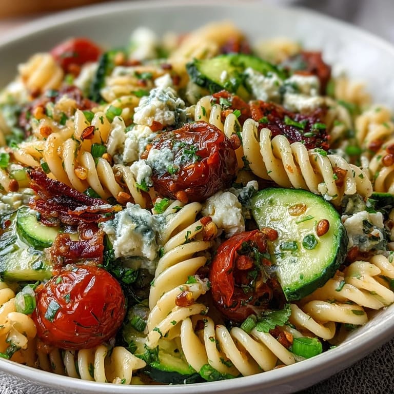 Lemon Vinaigrette Pasta Salad with Cucumbers and Cherry Tomatoes: Vibrant pasta salad featuring cool cucumber slices, sweet cherry tomatoes, and a zesty lemon dressing, ideal for light lunches or picnics.