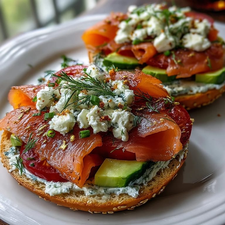 Elegant smoked salmon bagel platter with whipped cream cheese, capers, and garnishes—perfect for a light and refreshing spring brunch.