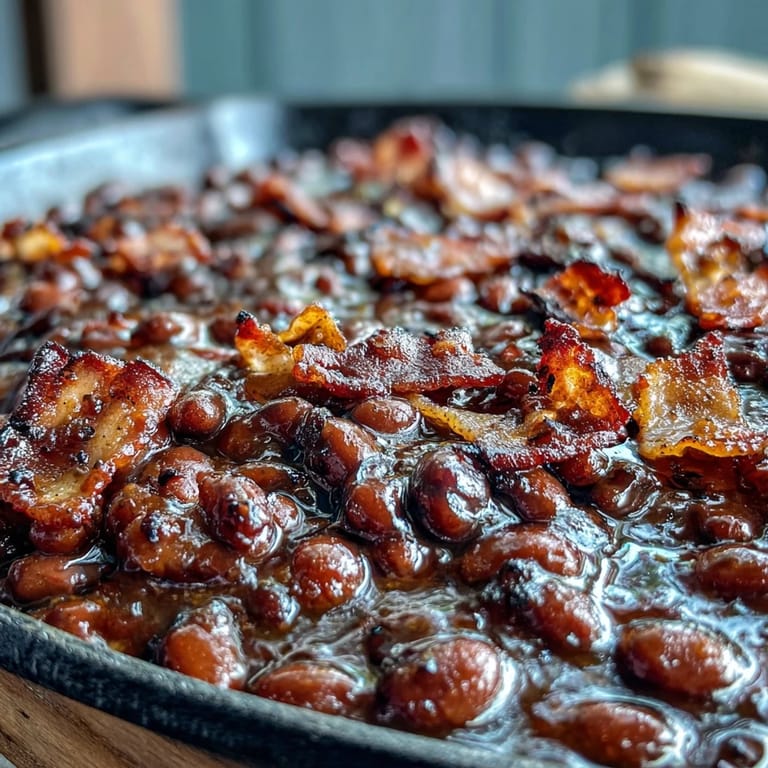 3. Classic American BBQ side dish with baked beans, smoky bacon, molasses, and brown sugar, bubbling in a cast-iron skillet.