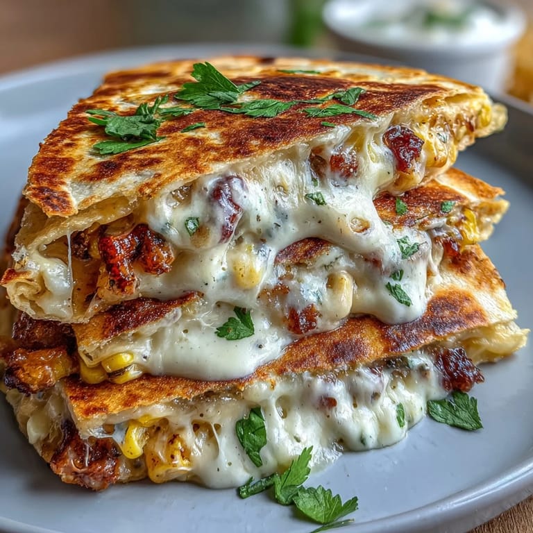 Cheesy Mexican street corn quesadillas grilled to perfection and paired with creamy chipotle sauce for a festive Cinco de Mayo feast.