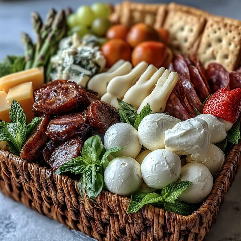 Vibrant spring charcuterie board featuring pastel candies, fresh fruits, and mini cheese baskets for a cheerful Easter appetizer.