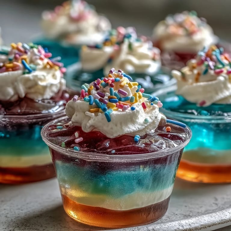 Delightful Rainbow Jello Cups for Kids, each cup filled with colorful Jello and crowned with a swirl of whipped cream.