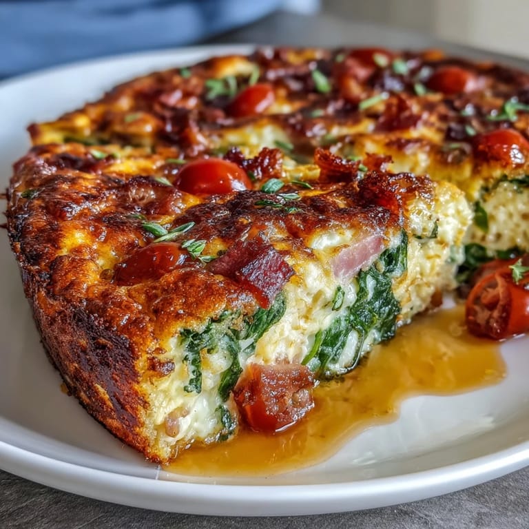 Fluffy egg frittata baked with diced ham, fresh cherry tomatoes, and nutty Swiss cheese in one skillet.  