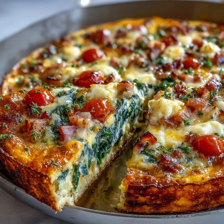 Warm, protein-packed One-Pan Ham and Swiss Frittata with tender vegetables and gooey Swiss cheese topping.