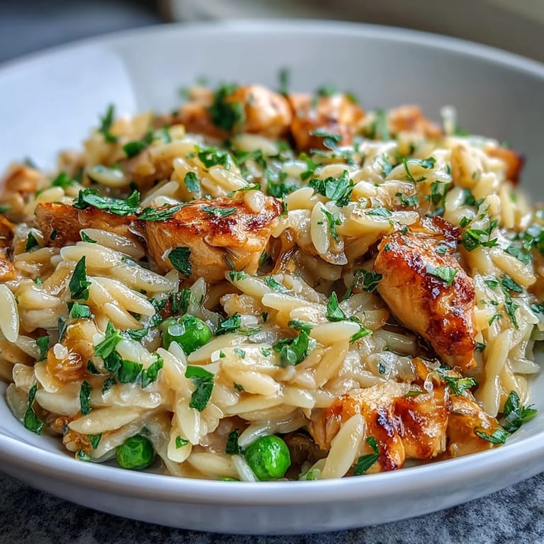 Flavorful one-pot lemon orzo with chicken and peas, featuring buttery orzo, fresh lemon, and Parmesan in a comforting skillet meal.