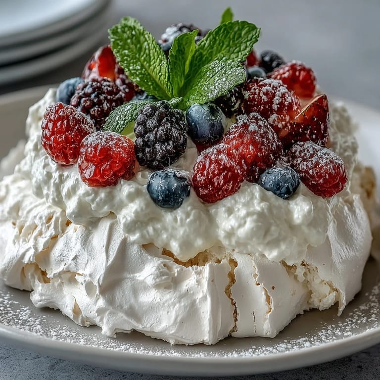 Light and airy meringue dessert crowned with a colorful medley of fresh strawberries, blueberries, and raspberries.